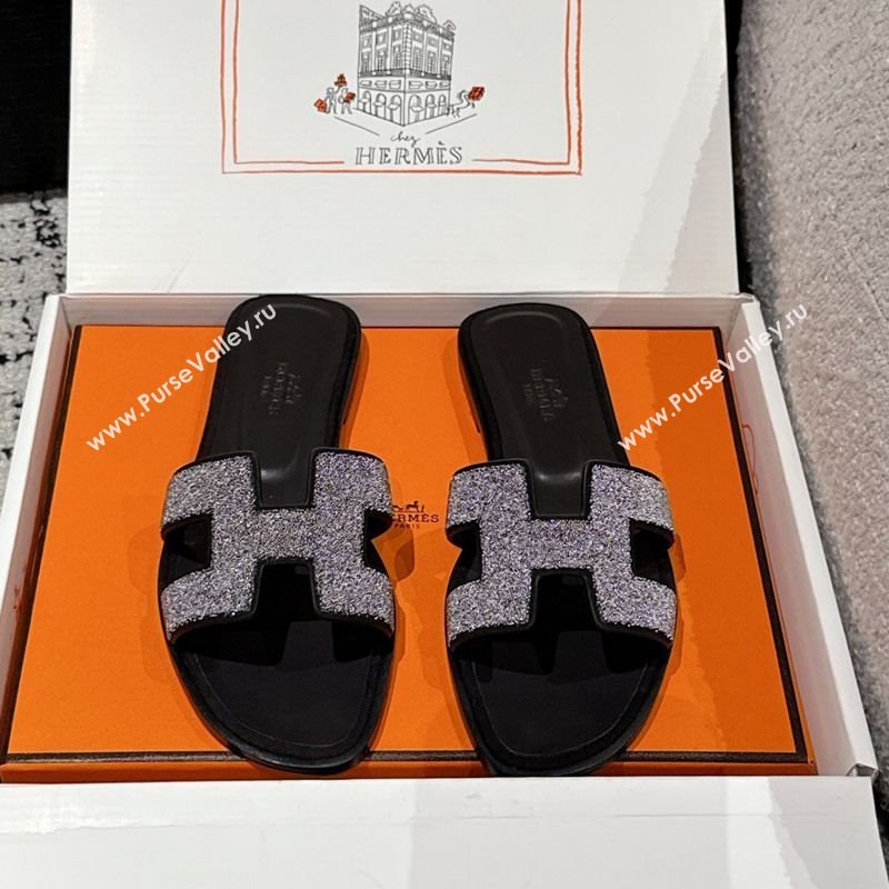 Hermes Classic Oran Flat Slides Sandal in Suede and Strass Black 2 2025 0606 (MD-250606177)