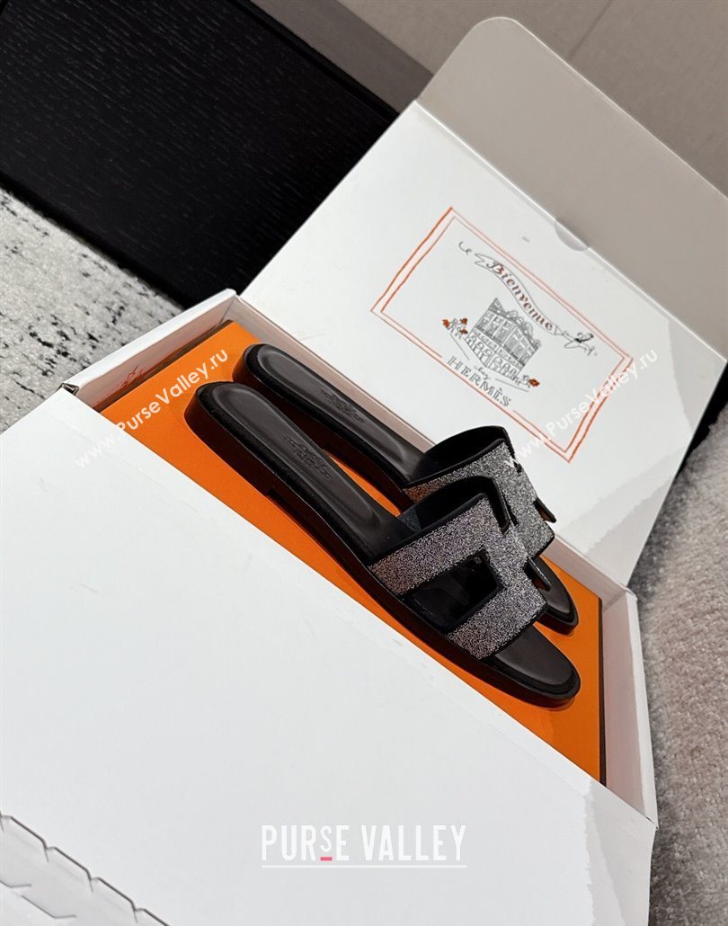 Hermes Classic Oran Flat Slides Sandal in Suede and Strass Black 2 2025 0606 (MD-250606177)