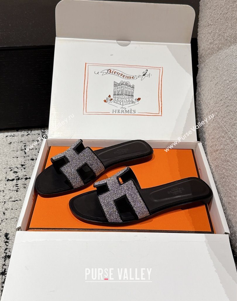 Hermes Classic Oran Flat Slides Sandal in Suede and Strass Black 2 2025 0606 (MD-250606177)