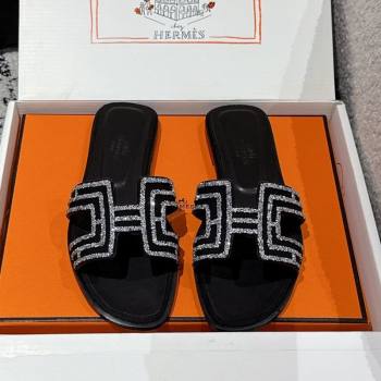 Hermes Classic Oran Flat Slides Sandal in Suede and Strass Black 3 2025 0606 (MD-250606178)