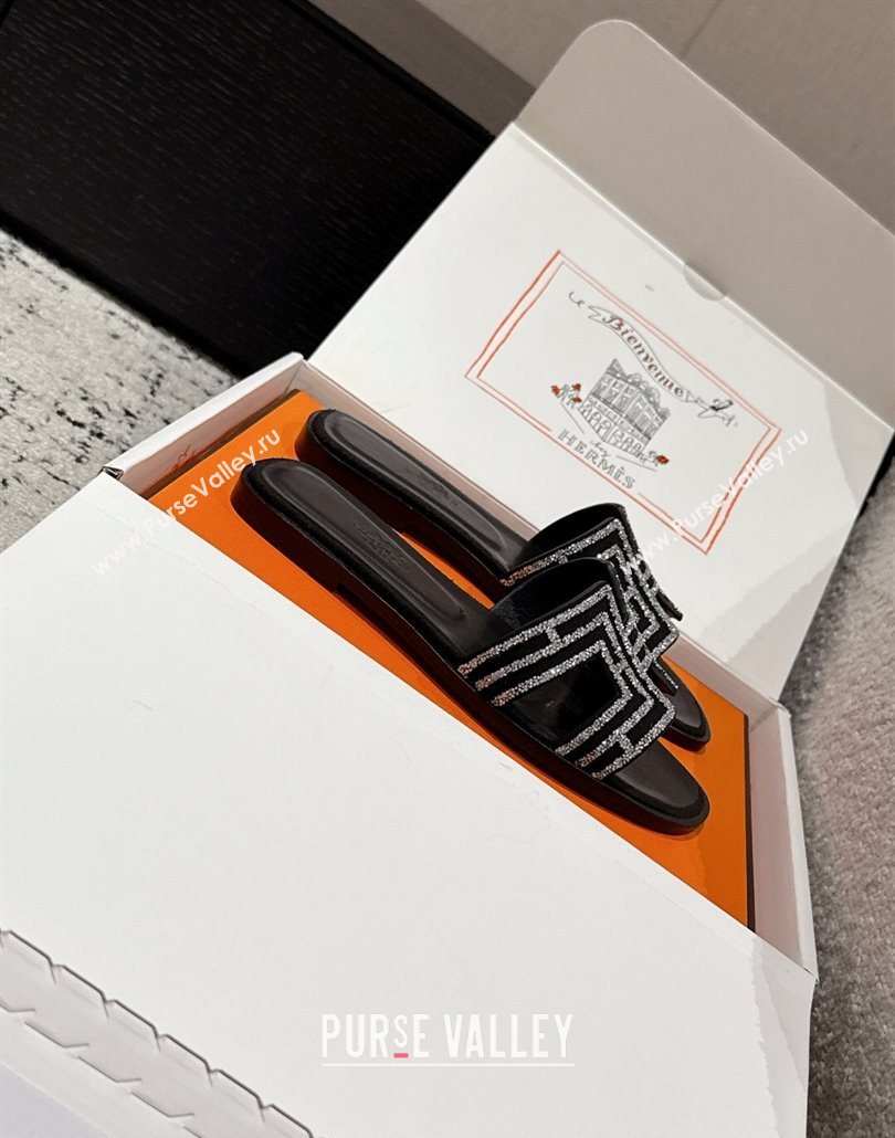 Hermes Classic Oran Flat Slides Sandal in Suede and Strass Black 3 2025 0606 (MD-250606178)