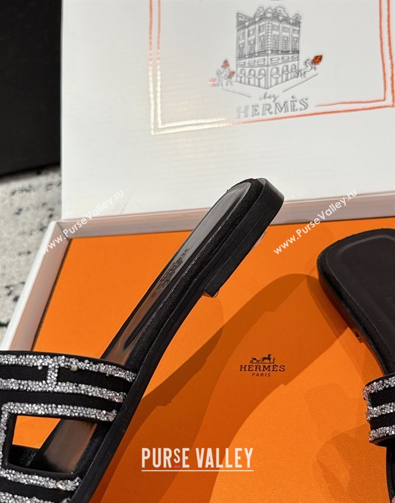 Hermes Classic Oran Flat Slides Sandal in Suede and Strass Black 3 2025 0606 (MD-250606178)