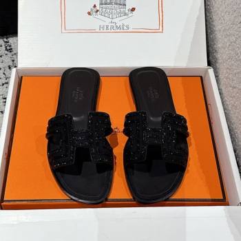 Hermes Classic Oran Flat Slides Sandal in Suede and Strass Black 4 2025 0606 (MD-250606179)