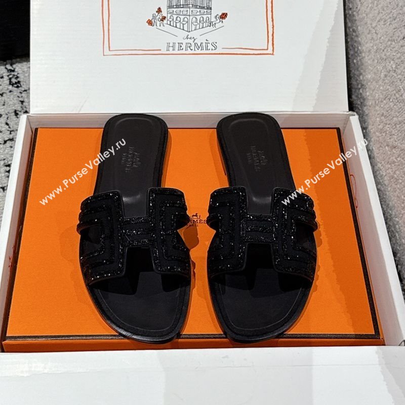 Hermes Classic Oran Flat Slides Sandal in Suede and Strass Black 4 2025 0606 (MD-250606179)