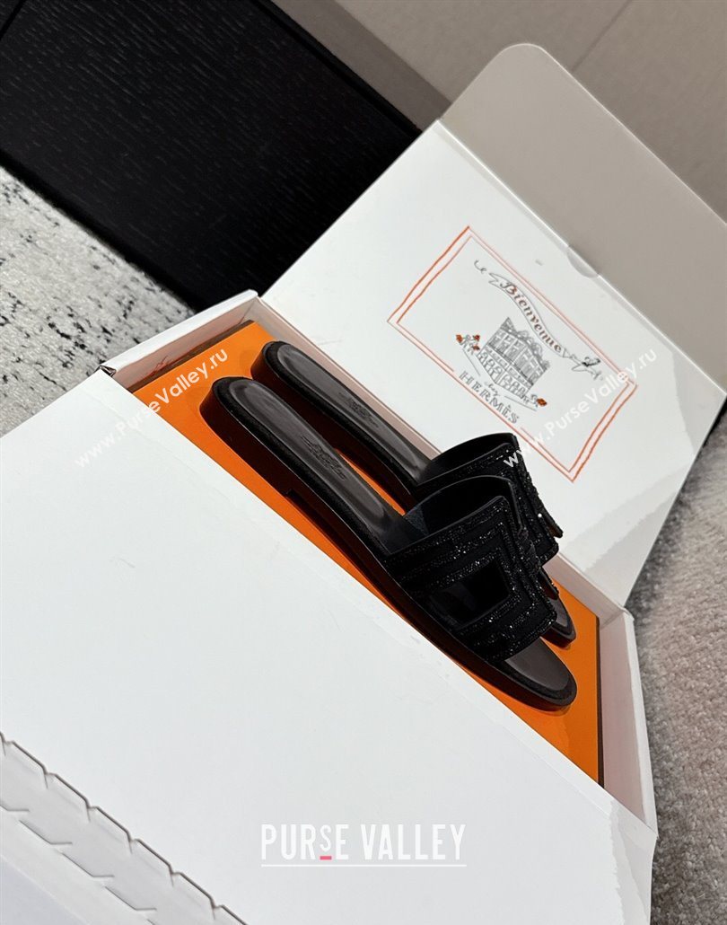 Hermes Classic Oran Flat Slides Sandal in Suede and Strass Black 4 2025 0606 (MD-250606179)
