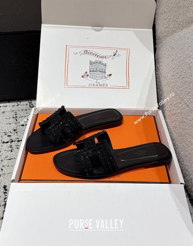 Hermes Classic Oran Flat Slides Sandal in Suede and Strass Black 4 2025 0606 (MD-250606179)