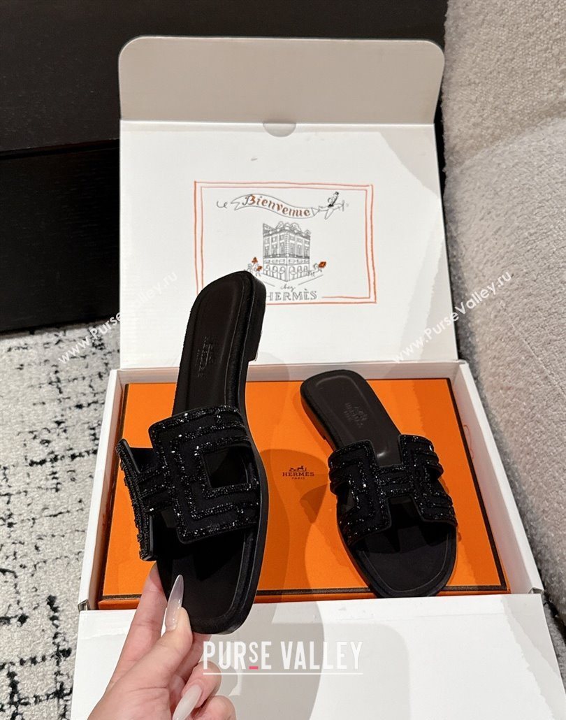 Hermes Classic Oran Flat Slides Sandal in Suede and Strass Black 4 2025 0606 (MD-250606179)