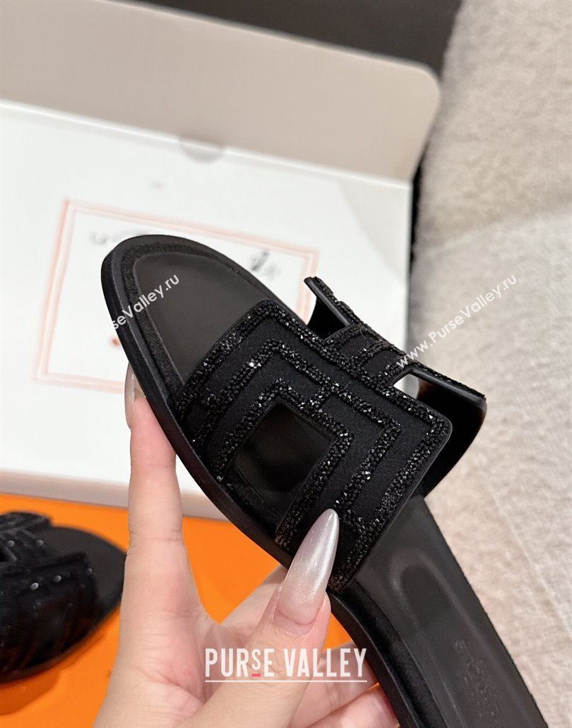 Hermes Classic Oran Flat Slides Sandal in Suede and Strass Black 4 2025 0606 (MD-250606179)