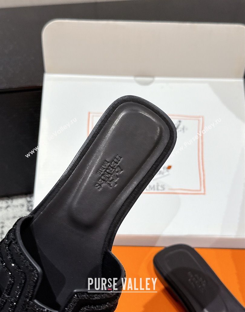 Hermes Classic Oran Flat Slides Sandal in Suede and Strass Black 4 2025 0606 (MD-250606179)