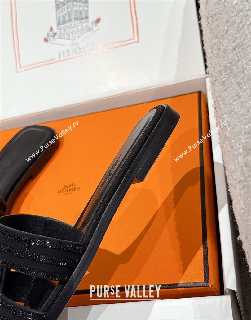 Hermes Classic Oran Flat Slides Sandal in Suede and Strass Black 4 2025 0606 (MD-250606179)