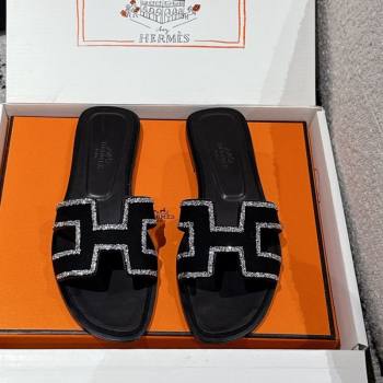 Hermes Classic Oran Flat Slides Sandal in Suede and Strass Black 6 2025 0606 (MD-250606181)