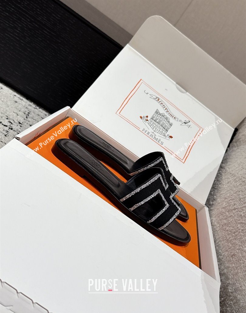 Hermes Classic Oran Flat Slides Sandal in Suede and Strass Black 6 2025 0606 (MD-250606181)