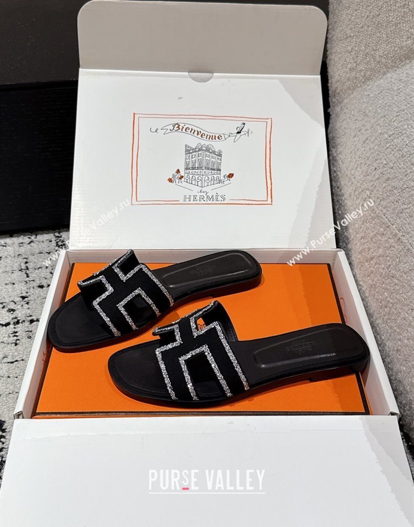 Hermes Classic Oran Flat Slides Sandal in Suede and Strass Black 6 2025 0606 (MD-250606181)