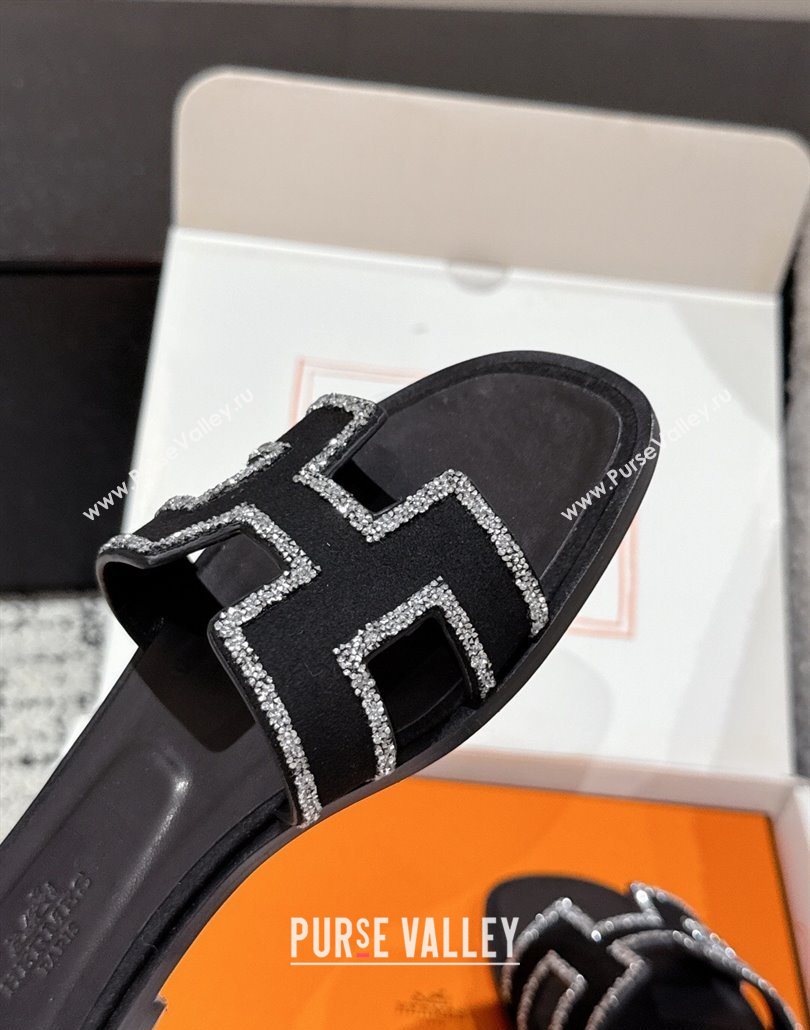 Hermes Classic Oran Flat Slides Sandal in Suede and Strass Black 6 2025 0606 (MD-250606181)