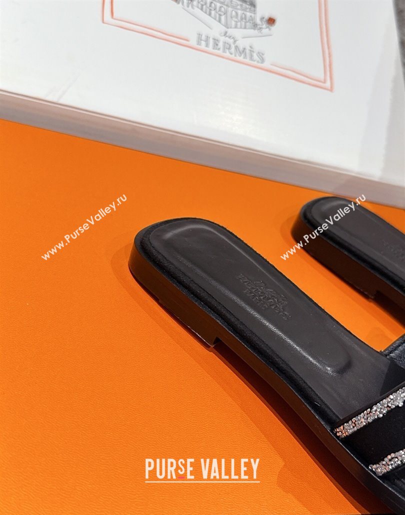 Hermes Classic Oran Flat Slides Sandal in Suede and Strass Black 6 2025 0606 (MD-250606181)