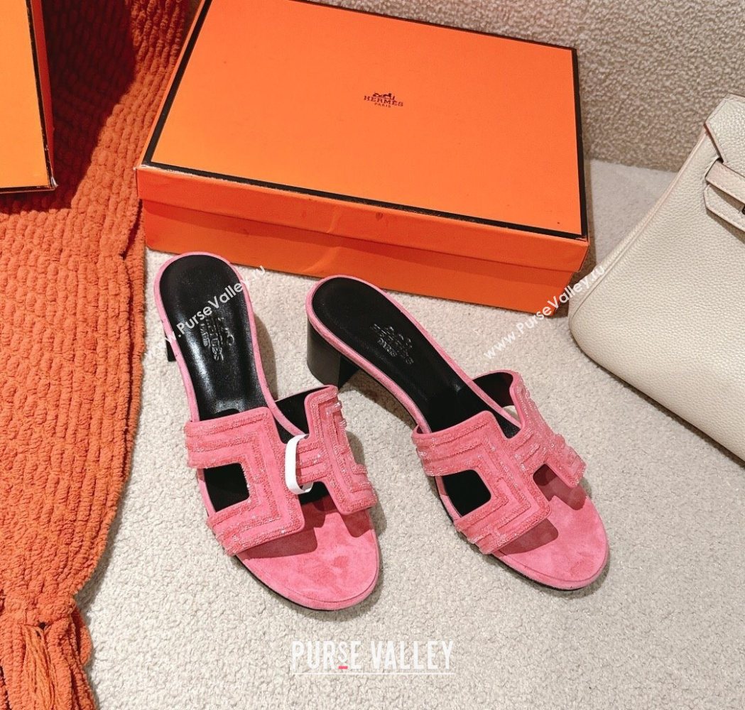 Hermes Classic Oasis Heel Slides Sandal 5cm in Suede and Strass Pink2 2025 0606 (MD-250606188)