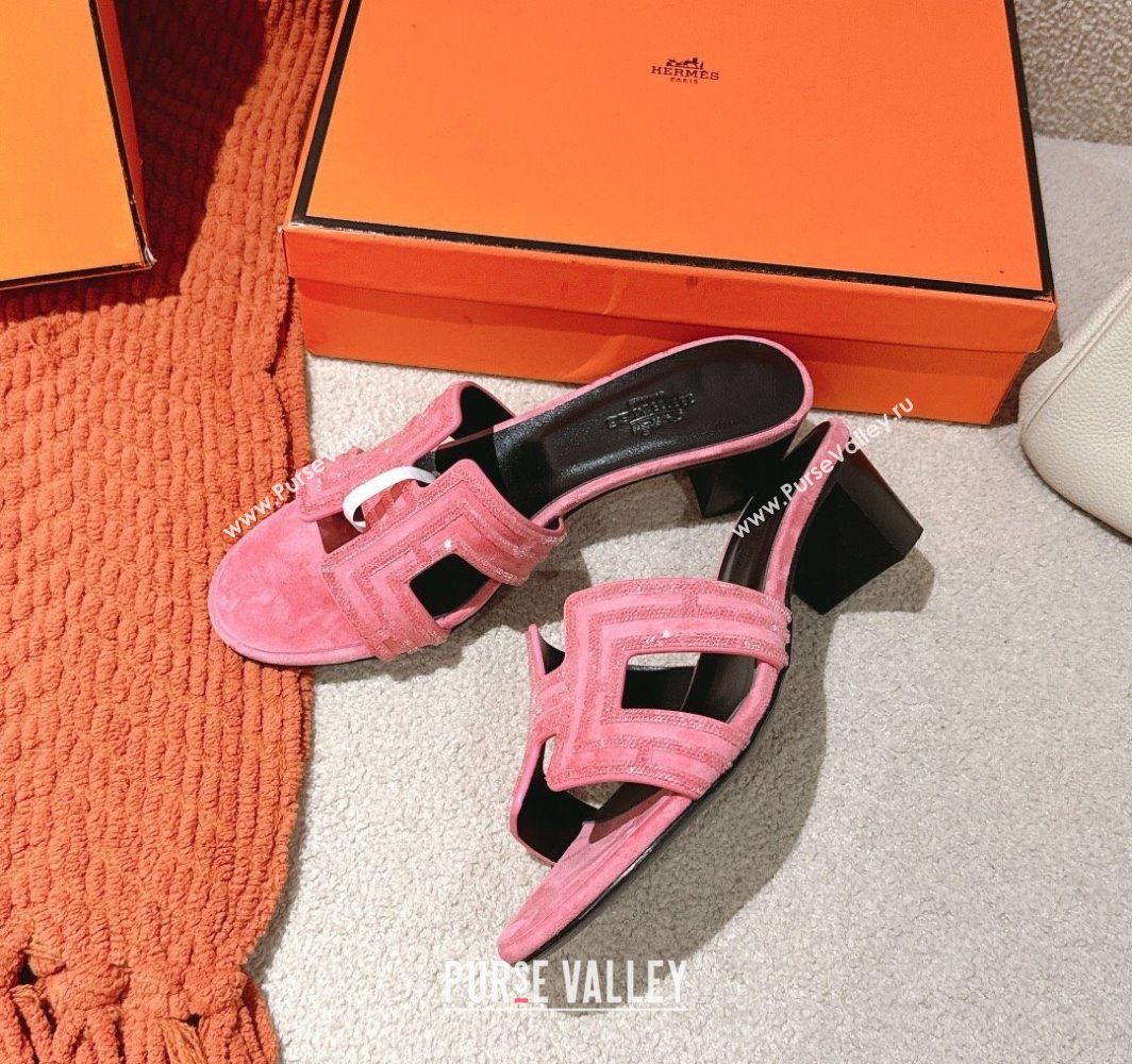 Hermes Classic Oasis Heel Slides Sandal 5cm in Suede and Strass Pink2 2025 0606 (MD-250606188)
