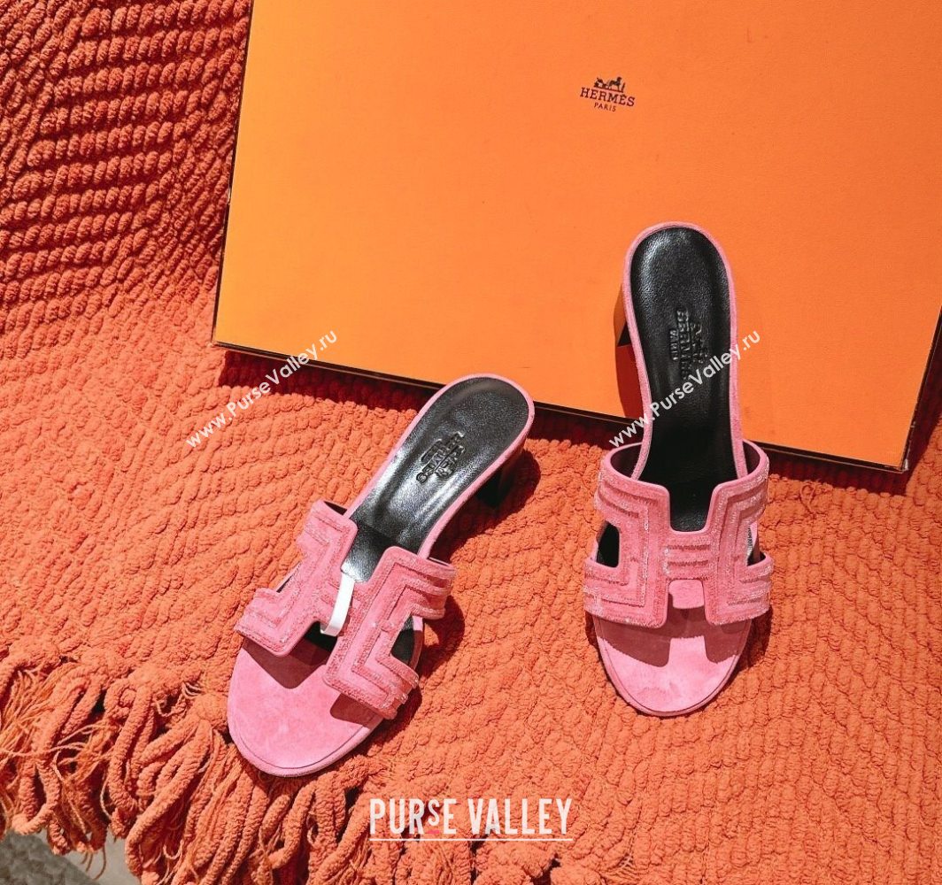 Hermes Classic Oasis Heel Slides Sandal 5cm in Suede and Strass Pink2 2025 0606 (MD-250606188)