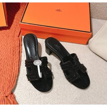 Hermes Classic Oasis Heel Slides Sandal 5cm in Suede and Strass All Black 2025 0606 (MD-250606189)