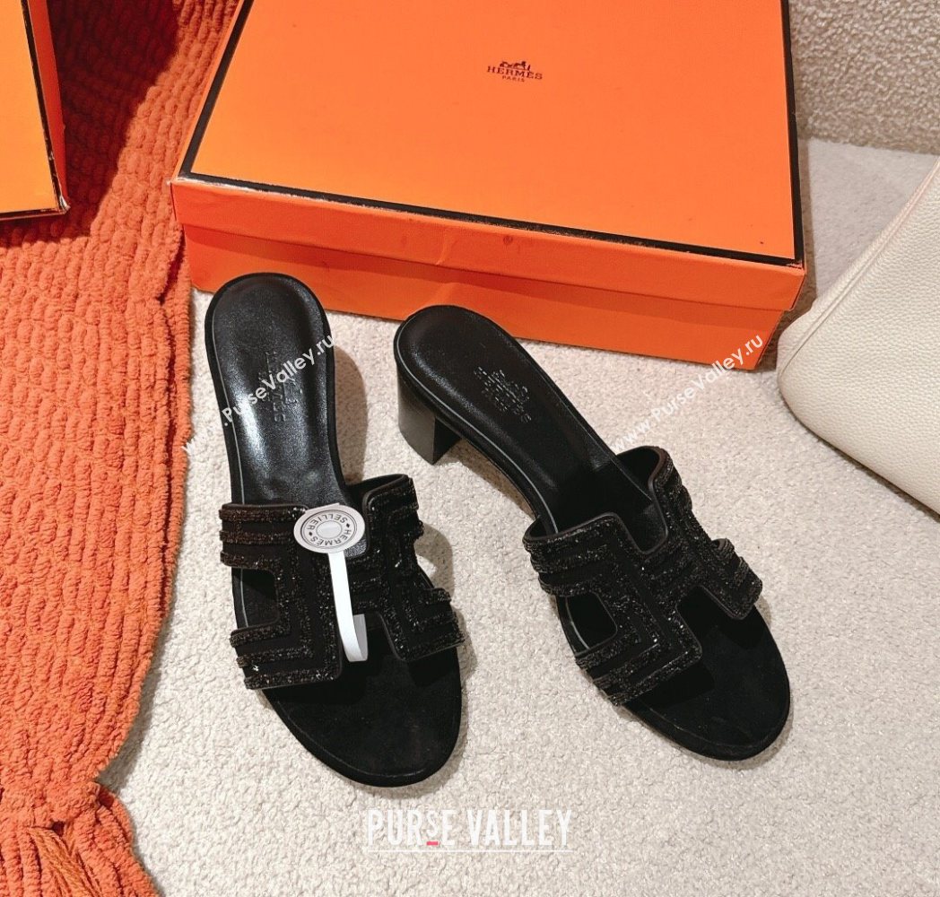 Hermes Classic Oasis Heel Slides Sandal 5cm in Suede and Strass All Black 2025 0606 (MD-250606189)