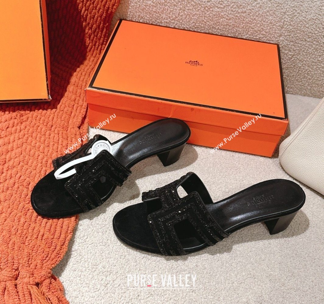Hermes Classic Oasis Heel Slides Sandal 5cm in Suede and Strass All Black 2025 0606 (MD-250606189)