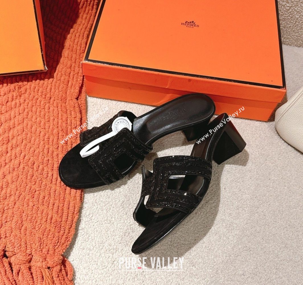 Hermes Classic Oasis Heel Slides Sandal 5cm in Suede and Strass All Black 2025 0606 (MD-250606189)