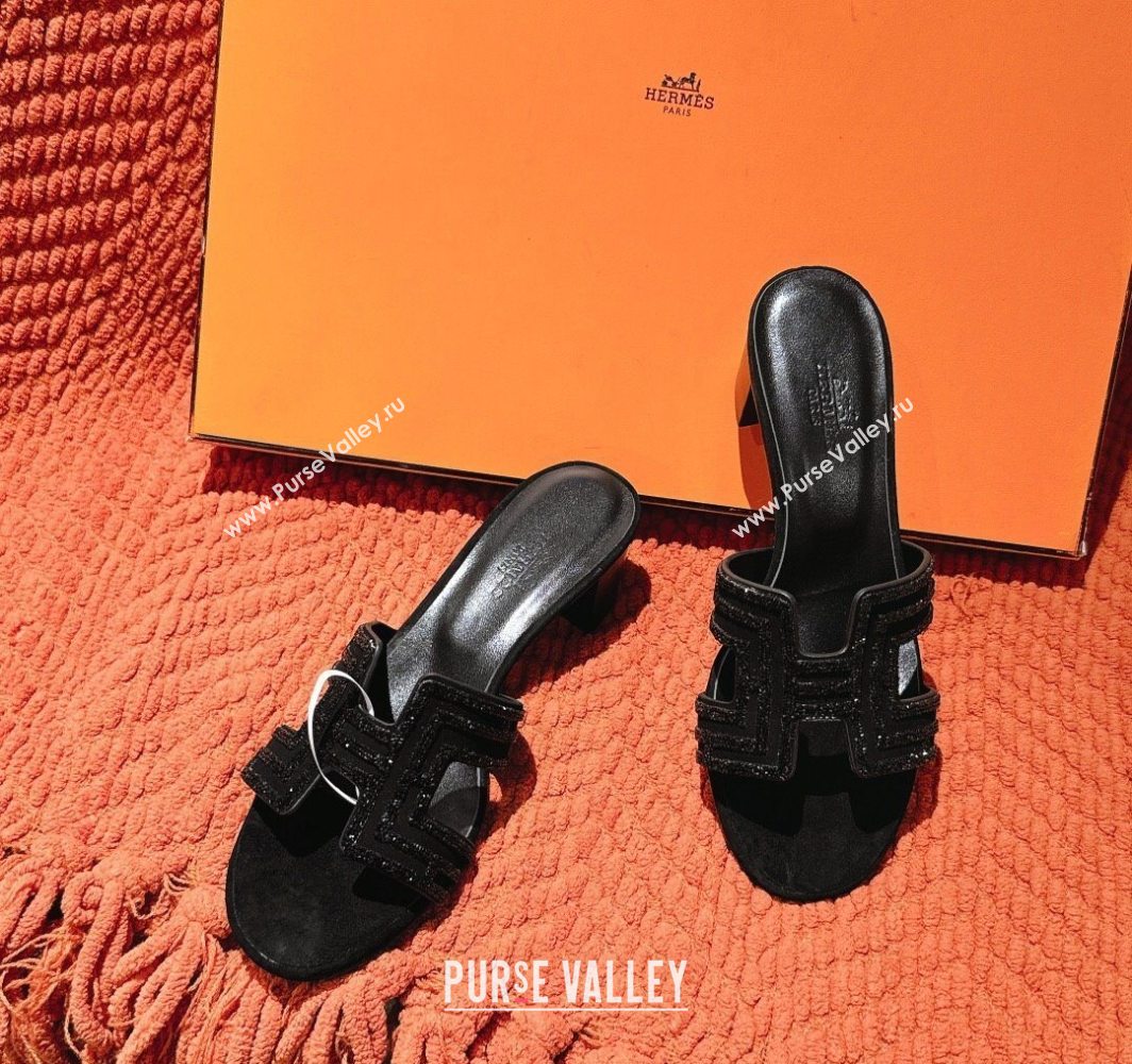 Hermes Classic Oasis Heel Slides Sandal 5cm in Suede and Strass All Black 2025 0606 (MD-250606189)