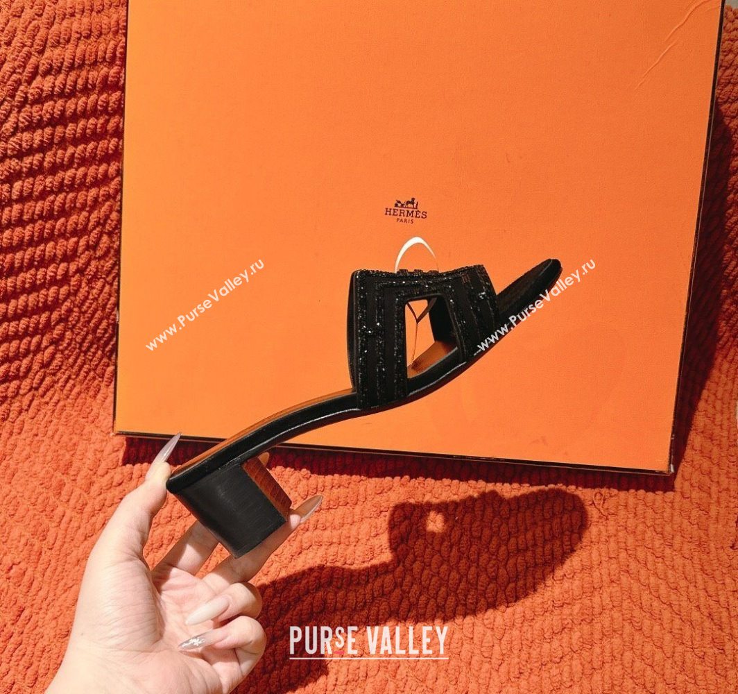 Hermes Classic Oasis Heel Slides Sandal 5cm in Suede and Strass All Black 2025 0606 (MD-250606189)