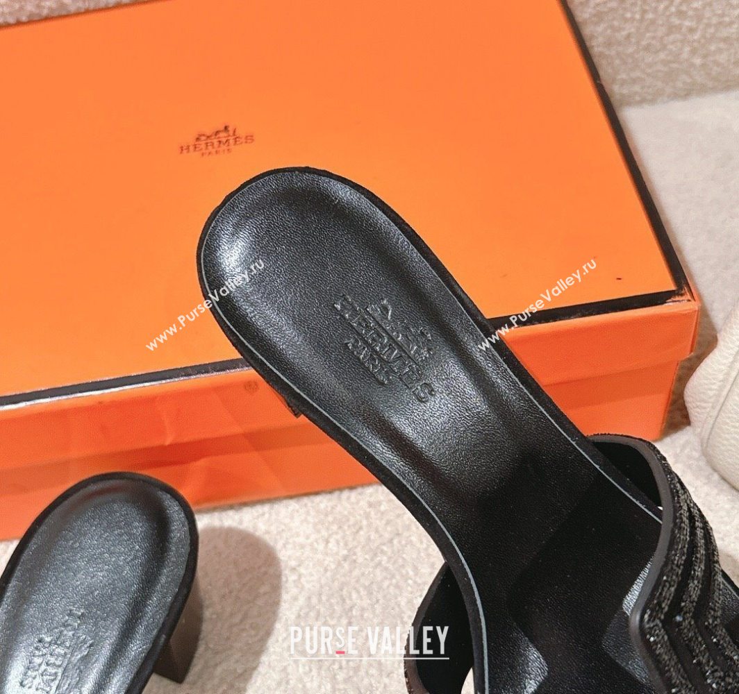 Hermes Classic Oasis Heel Slides Sandal 5cm in Suede and Strass All Black 2025 0606 (MD-250606189)