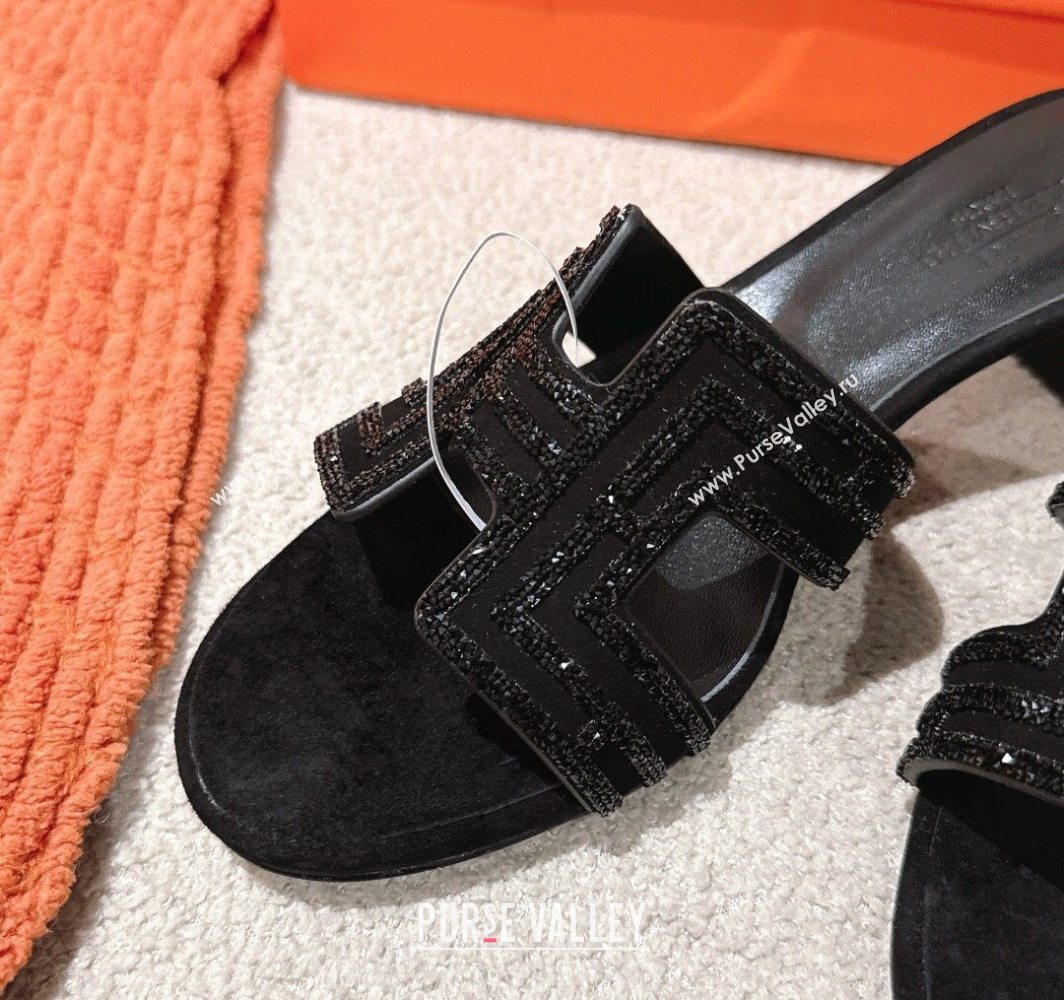 Hermes Classic Oasis Heel Slides Sandal 5cm in Suede and Strass All Black 2025 0606 (MD-250606189)