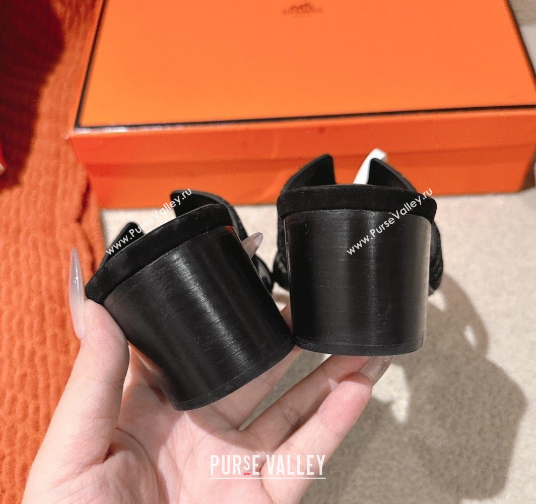 Hermes Classic Oasis Heel Slides Sandal 5cm in Suede and Strass All Black 2025 0606 (MD-250606189)