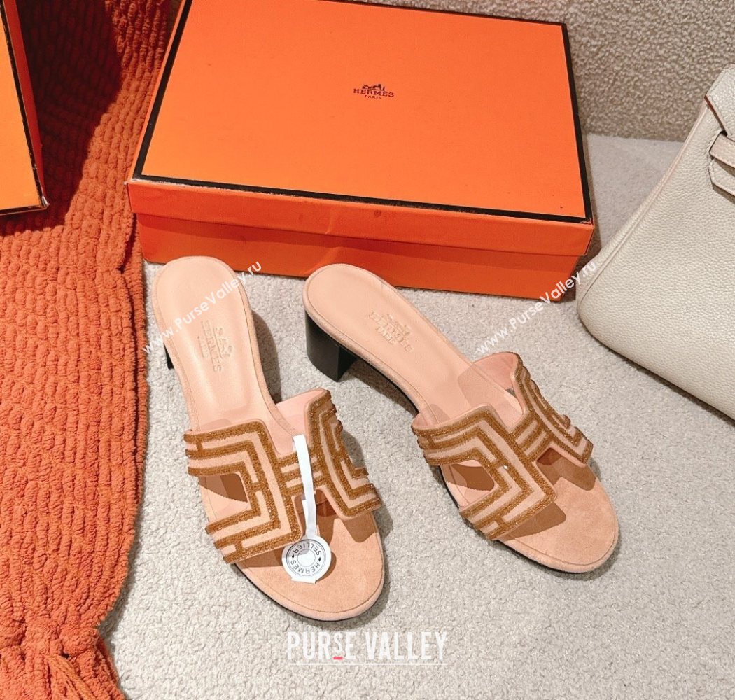 Hermes Classic Oasis Heel Slides Sandal 5cm in Suede and Strass Beige 2025 0606 (MD-250606190)