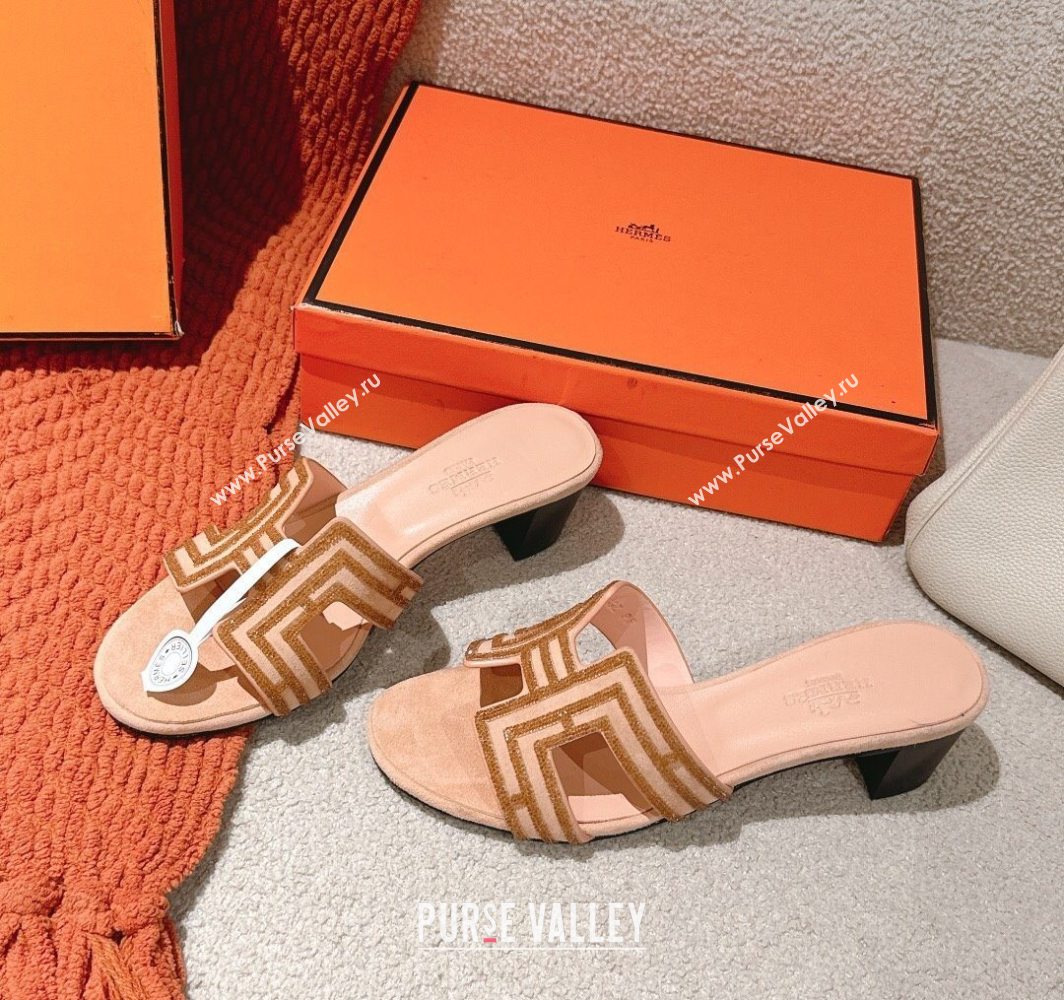 Hermes Classic Oasis Heel Slides Sandal 5cm in Suede and Strass Beige 2025 0606 (MD-250606190)
