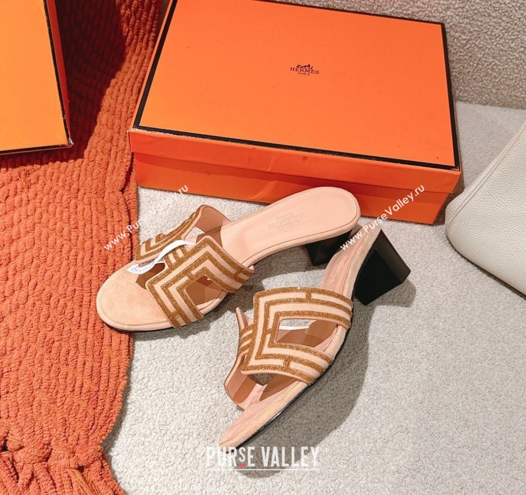 Hermes Classic Oasis Heel Slides Sandal 5cm in Suede and Strass Beige 2025 0606 (MD-250606190)