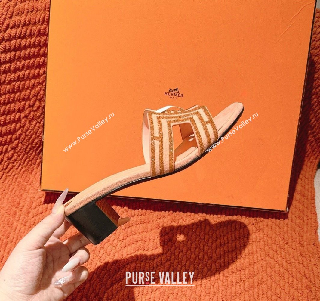 Hermes Classic Oasis Heel Slides Sandal 5cm in Suede and Strass Beige 2025 0606 (MD-250606190)