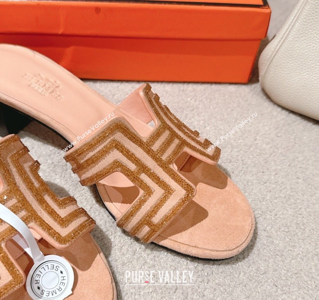 Hermes Classic Oasis Heel Slides Sandal 5cm in Suede and Strass Beige 2025 0606 (MD-250606190)