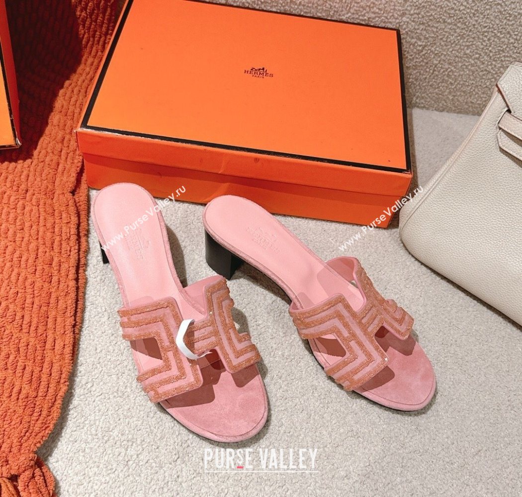 Hermes Classic Oasis Heel Slides Sandal 5cm in Suede and Strass Light Pink 2025 0606 (MD-250606191)