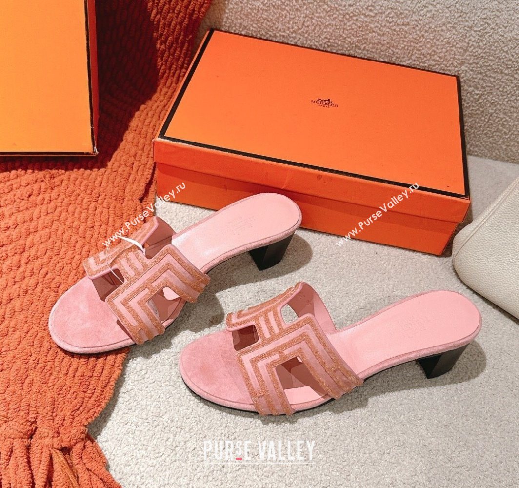Hermes Classic Oasis Heel Slides Sandal 5cm in Suede and Strass Light Pink 2025 0606 (MD-250606191)