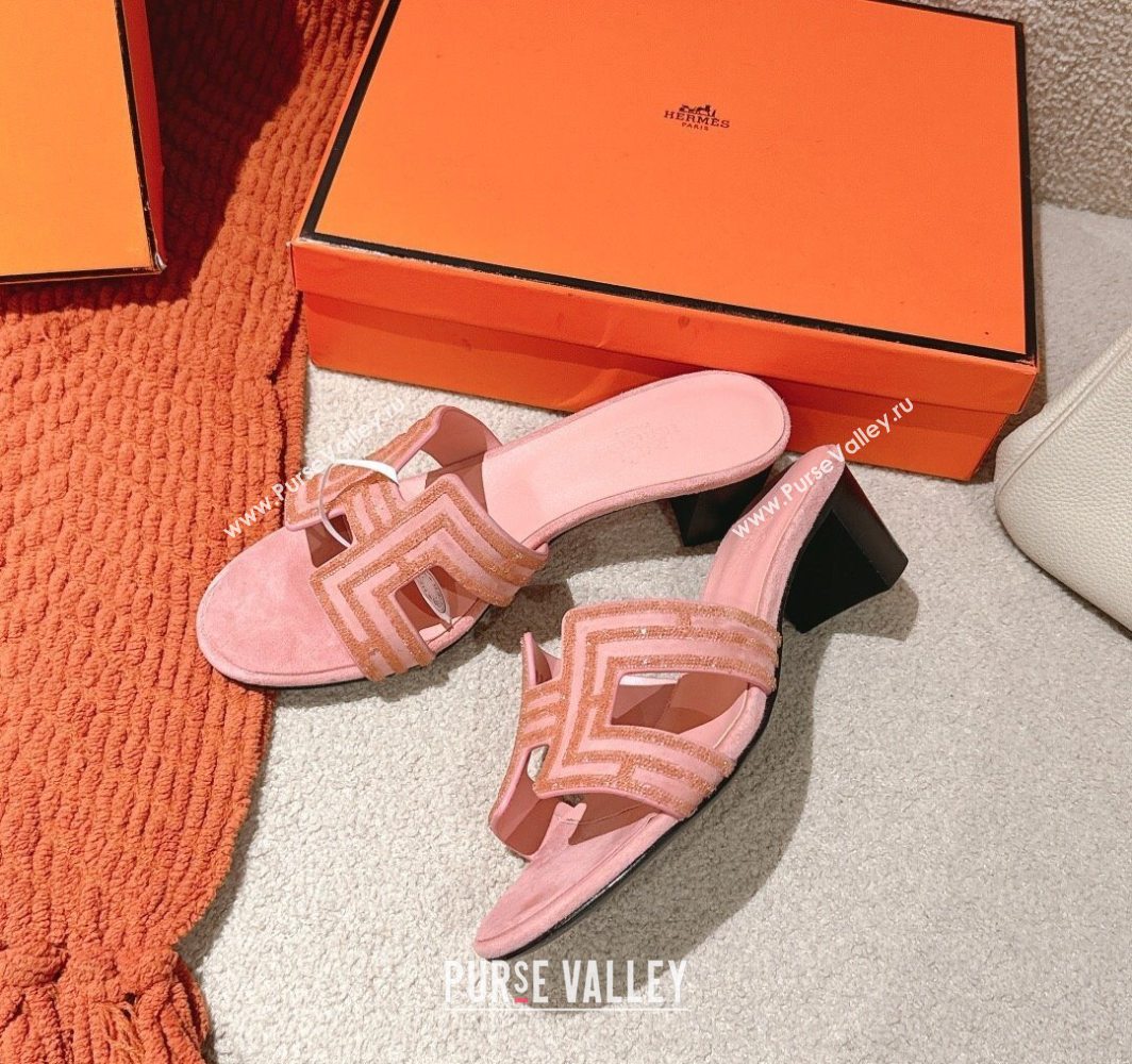 Hermes Classic Oasis Heel Slides Sandal 5cm in Suede and Strass Light Pink 2025 0606 (MD-250606191)