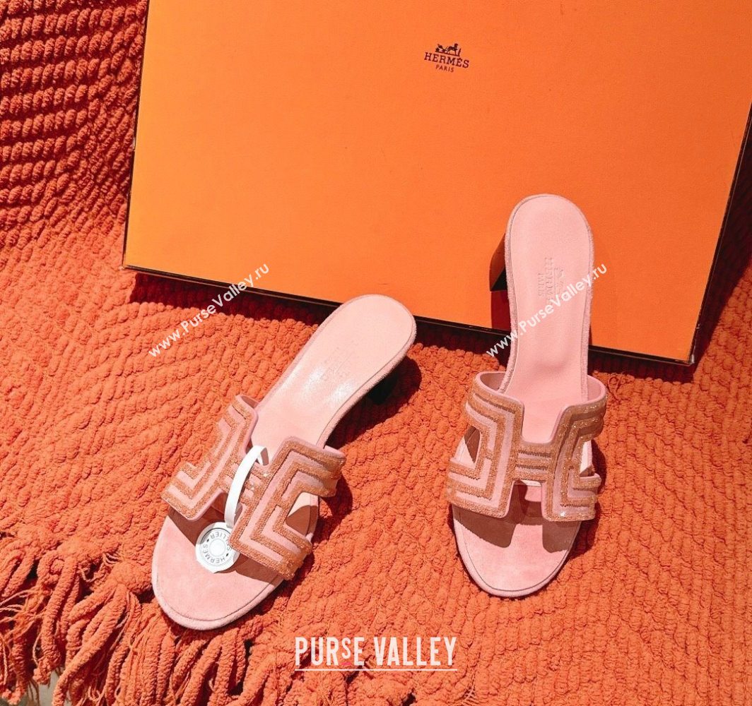 Hermes Classic Oasis Heel Slides Sandal 5cm in Suede and Strass Light Pink 2025 0606 (MD-250606191)