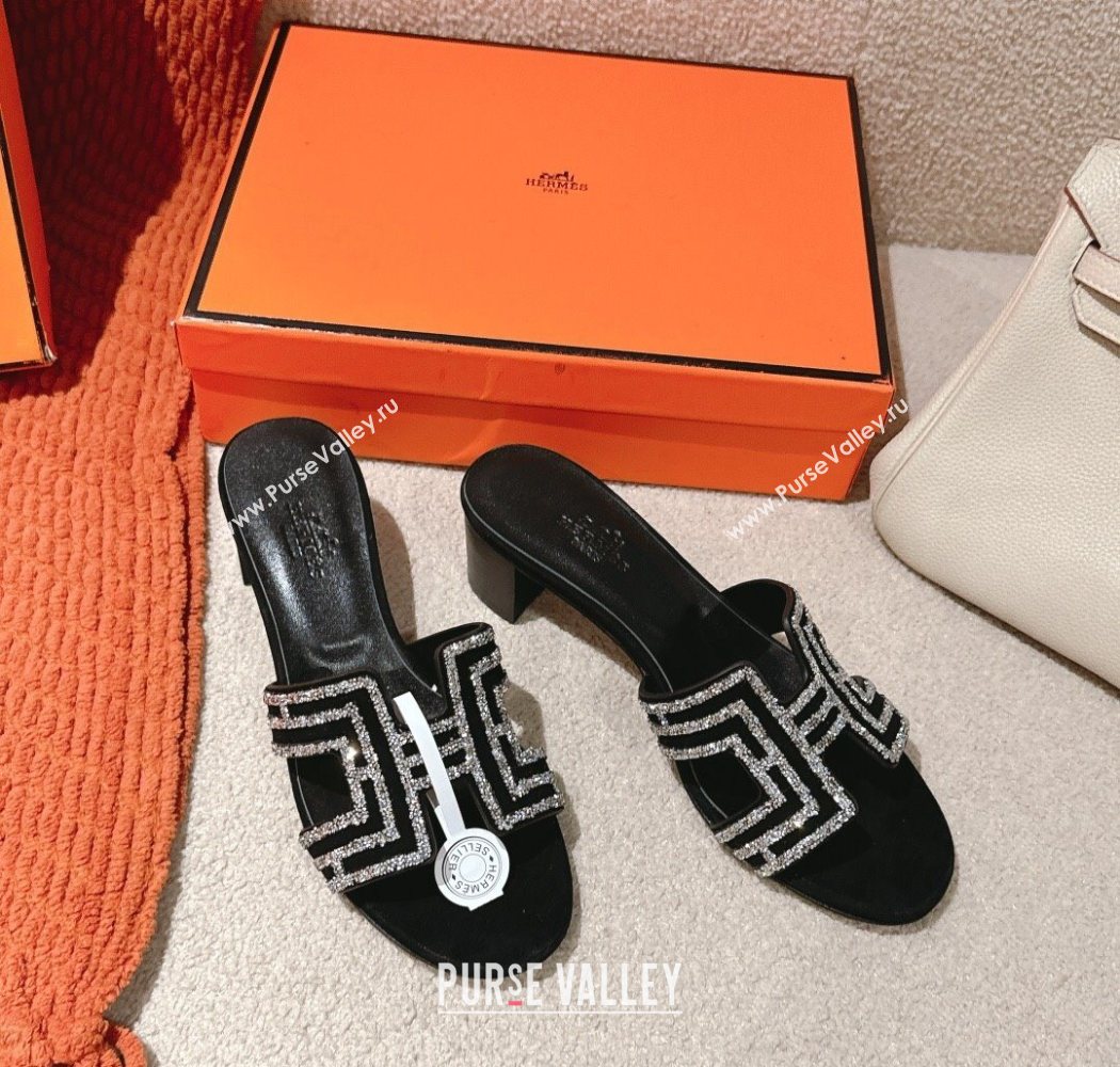 Hermes Classic Oasis Heel Slides Sandal 5cm in Suede and Strass Black/Silver 2025 0606 (MD-250606192)