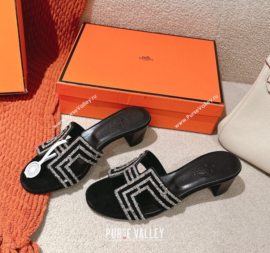 Hermes Classic Oasis Heel Slides Sandal 5cm in Suede and Strass Black/Silver 2025 0606 (MD-250606192)