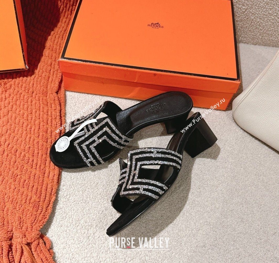 Hermes Classic Oasis Heel Slides Sandal 5cm in Suede and Strass Black/Silver 2025 0606 (MD-250606192)