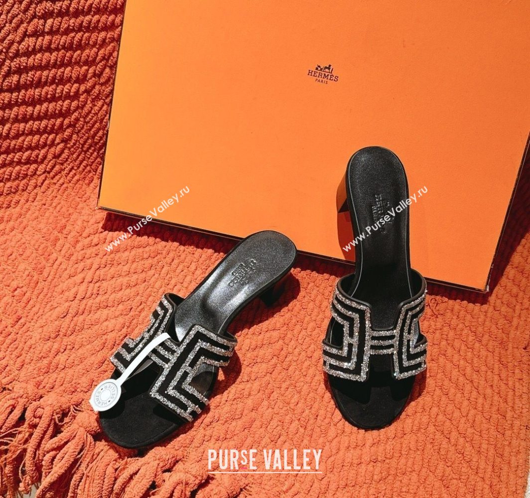 Hermes Classic Oasis Heel Slides Sandal 5cm in Suede and Strass Black/Silver 2025 0606 (MD-250606192)