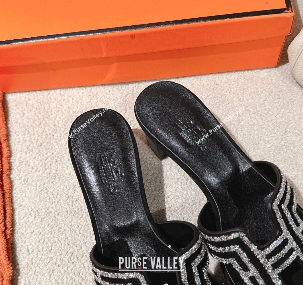 Hermes Classic Oasis Heel Slides Sandal 5cm in Suede and Strass Black/Silver 2025 0606 (MD-250606192)