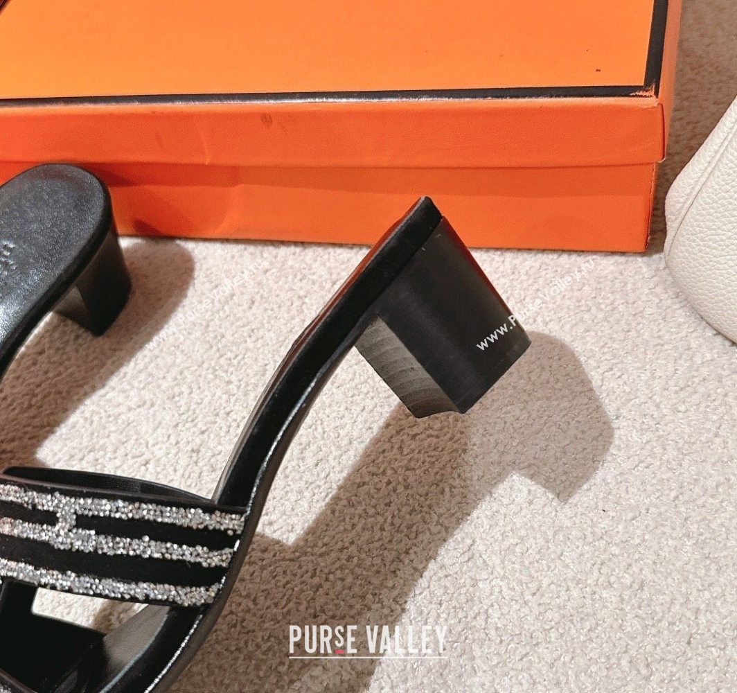 Hermes Classic Oasis Heel Slides Sandal 5cm in Suede and Strass Black/Silver 2025 0606 (MD-250606192)