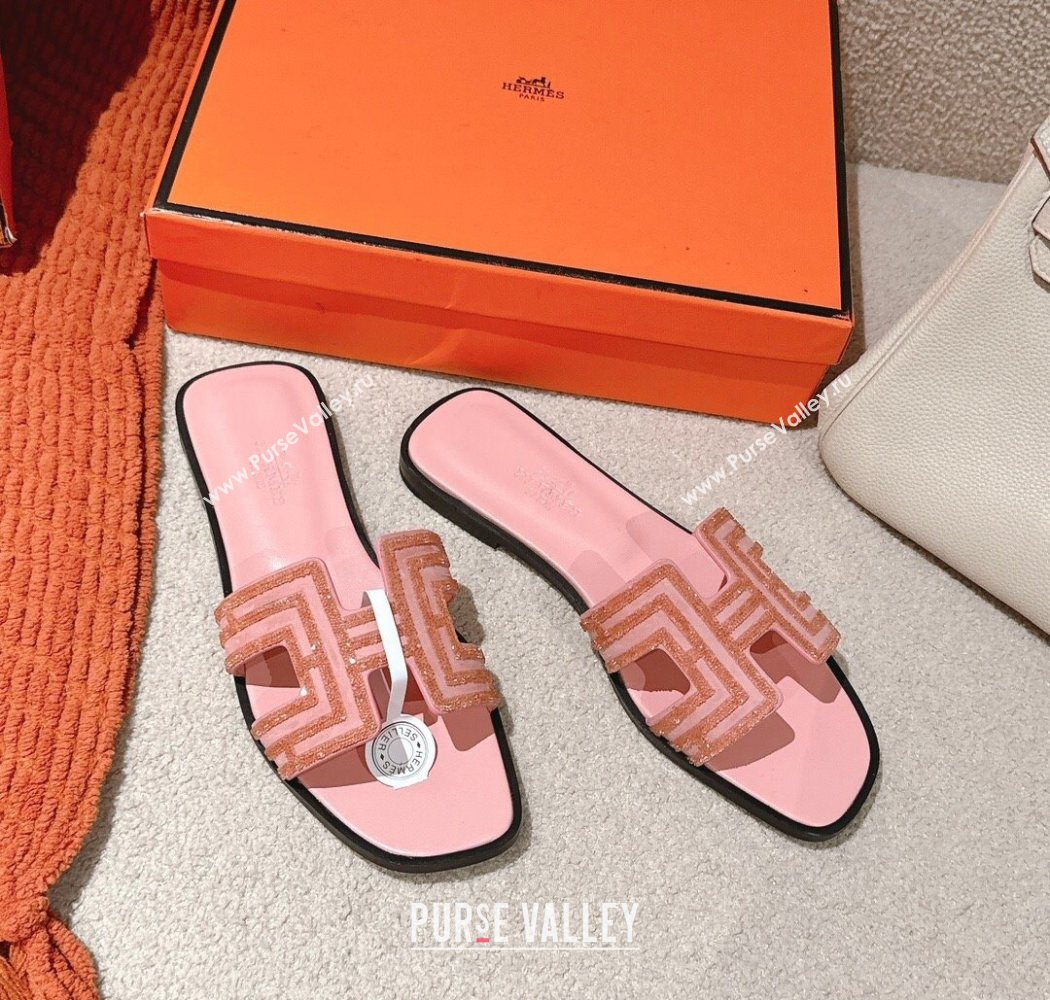 Hermes Classic Oran Flat Slides Sandal in Suede and Strass Light Pink 2025 0606 (MD-250606183)