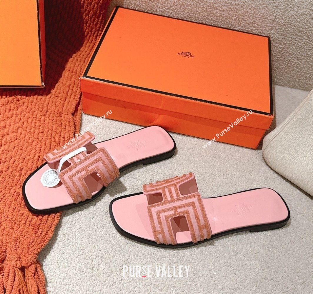 Hermes Classic Oran Flat Slides Sandal in Suede and Strass Light Pink 2025 0606 (MD-250606183)