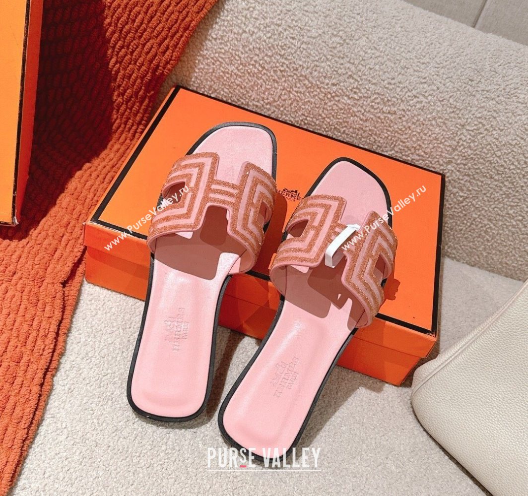 Hermes Classic Oran Flat Slides Sandal in Suede and Strass Light Pink 2025 0606 (MD-250606183)