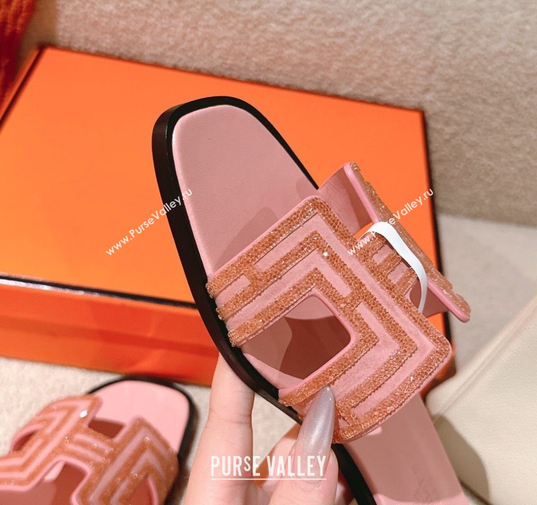 Hermes Classic Oran Flat Slides Sandal in Suede and Strass Light Pink 2025 0606 (MD-250606183)